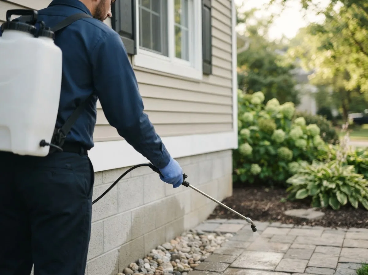 Pest control technician inspecting a home in Pleasant Dale, NE